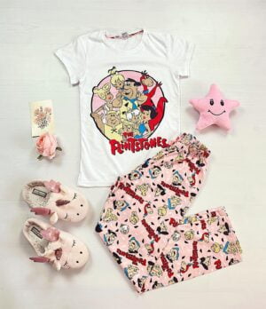 Pijama dama ieftina bumbac cu pantaloni lungi roz si tricou alb cu imprimeu FS Family