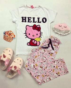 Pijama dama ieftina din bumbac cu tricou alb si pantaloni roz cu imprimeu HK